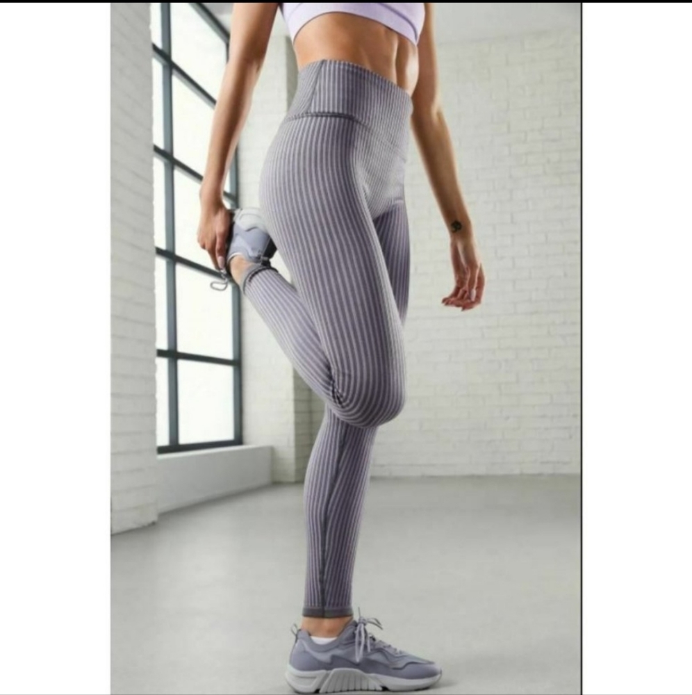 Fabletics High-Waisted Seamless Blue Striped Athletic Leggings, Size XS